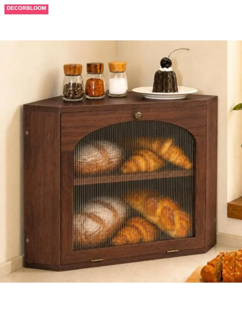Corner Bread Box Solid Pine Wood 2-Tier Adjustable Shelf Magnetic Lock